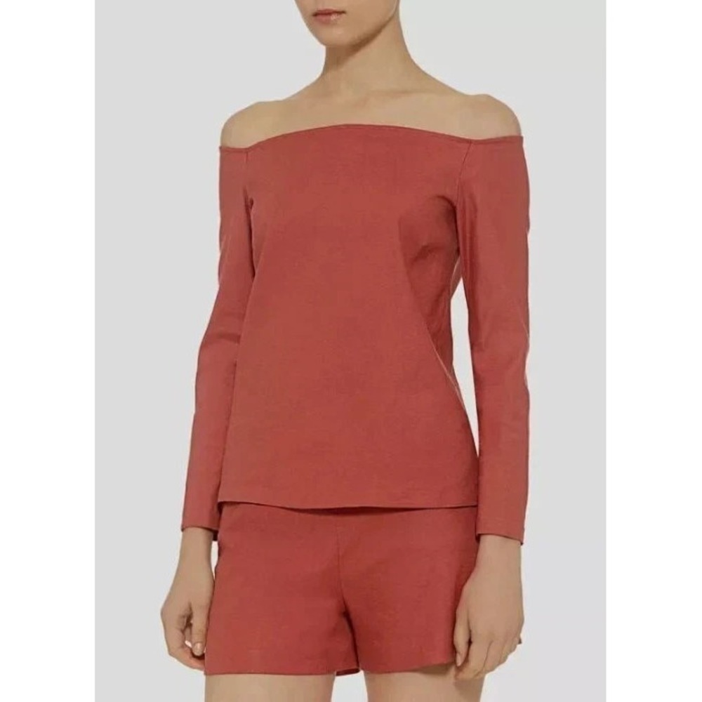 Theory Aprine Off-the-Shoulder Top Stretch Linen Salmon L/S MEDIUM M Lightweight